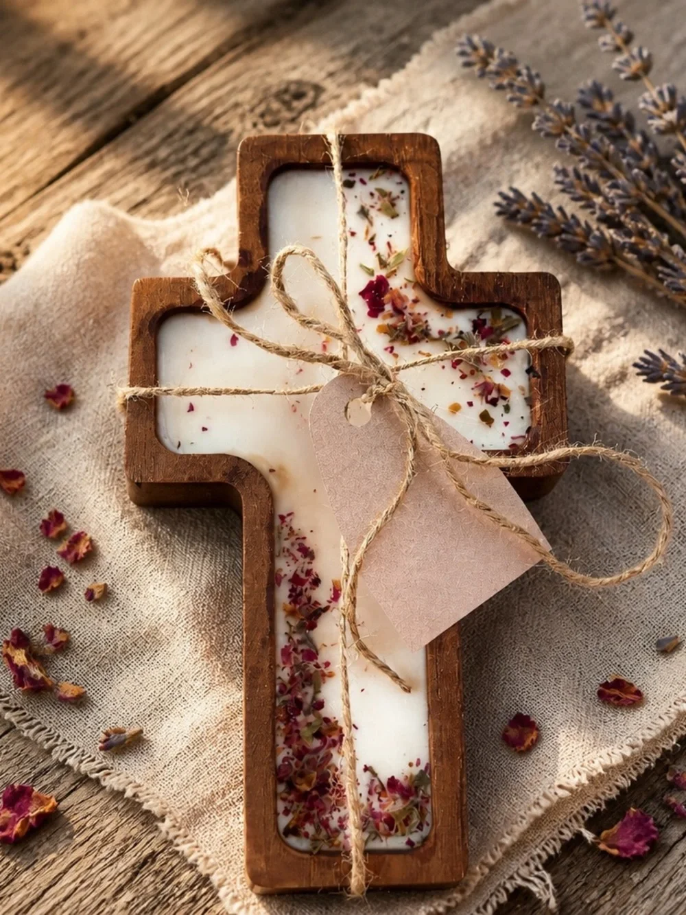 Wooden Cross Candle Tray with Dried Petal Candle